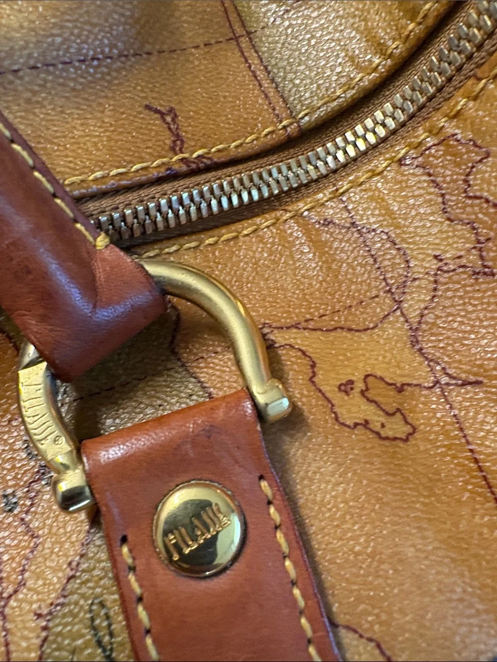 Alviero Martini Tan and Brown Geo-Print Leather Duffel